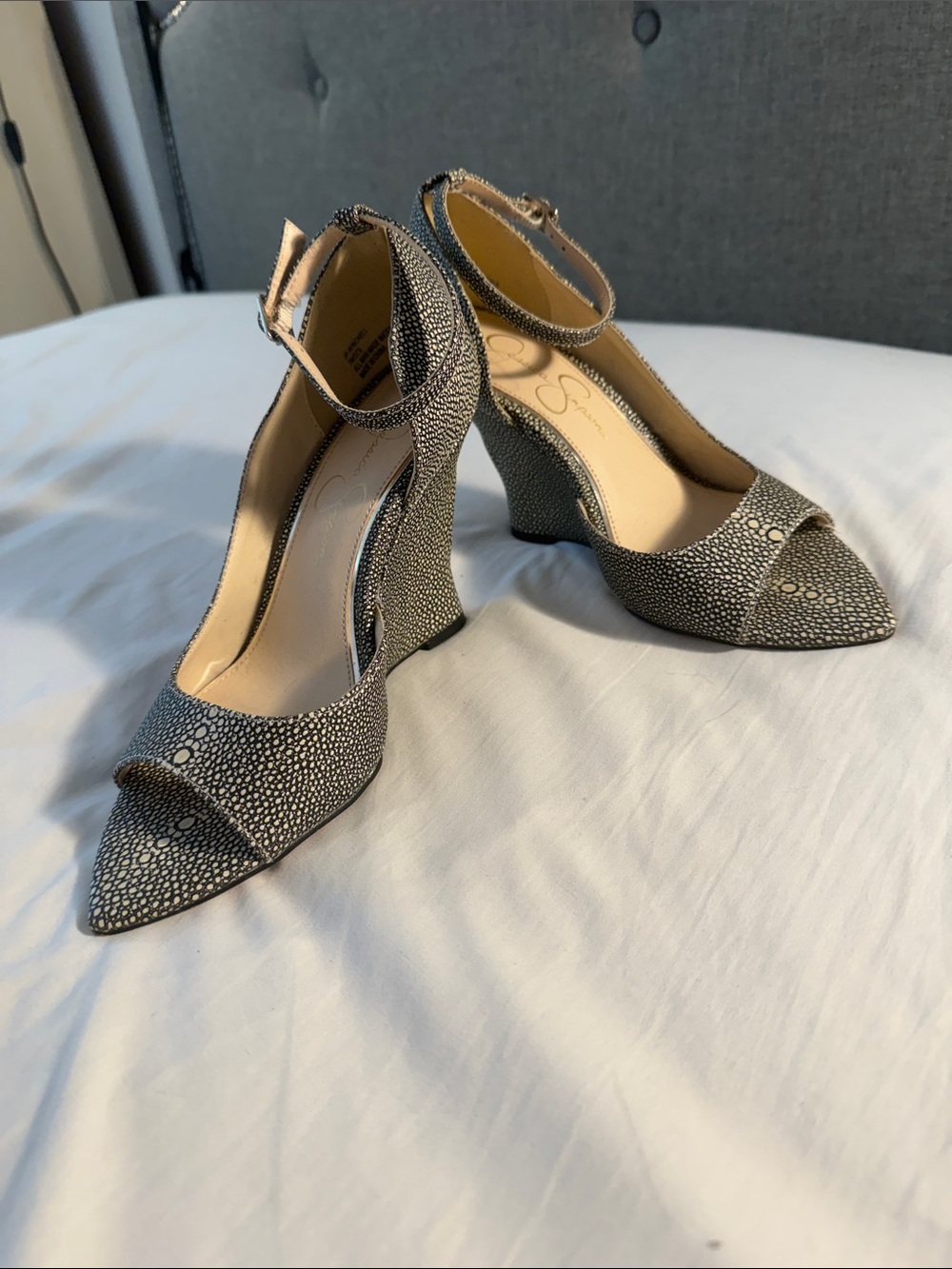 Jessica Simpson Textured Metallic Pointed-Toe Wedge Heels with Ankle Strap